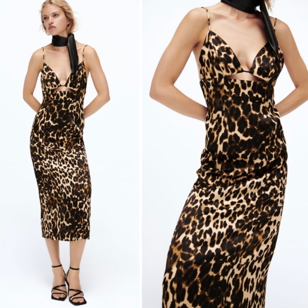 Rare Zara Leopard Print Cut Out Satin Spaghetti Strap Wiggle Dress - Size Small